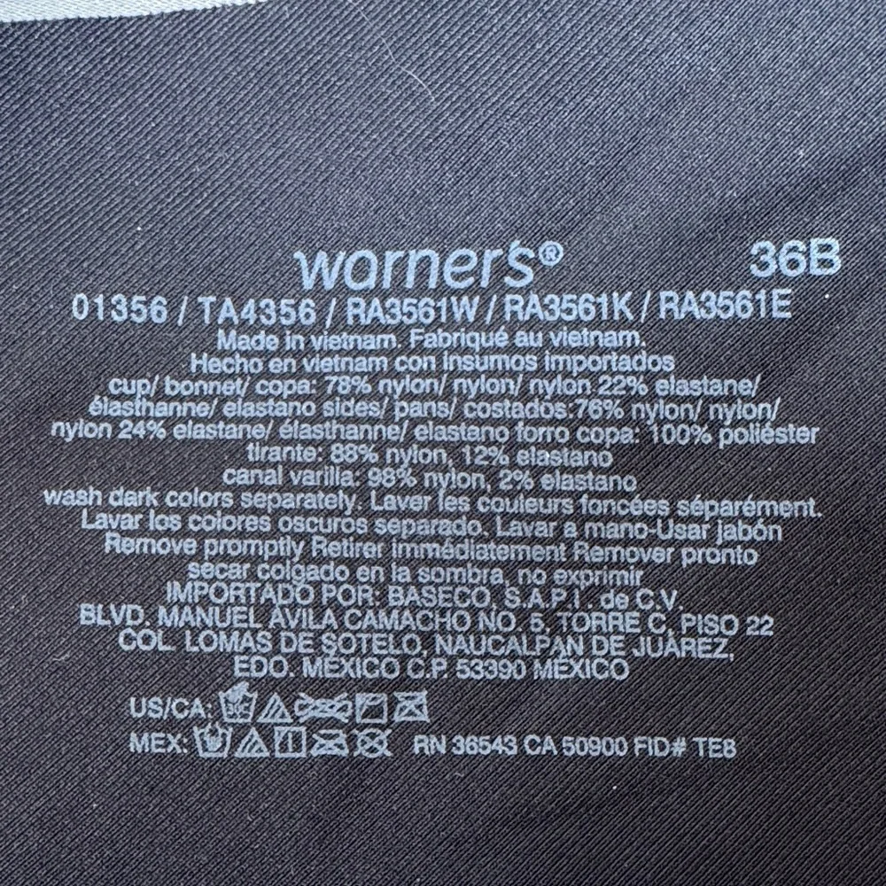 Warner's Elegant Black Bra 36B.